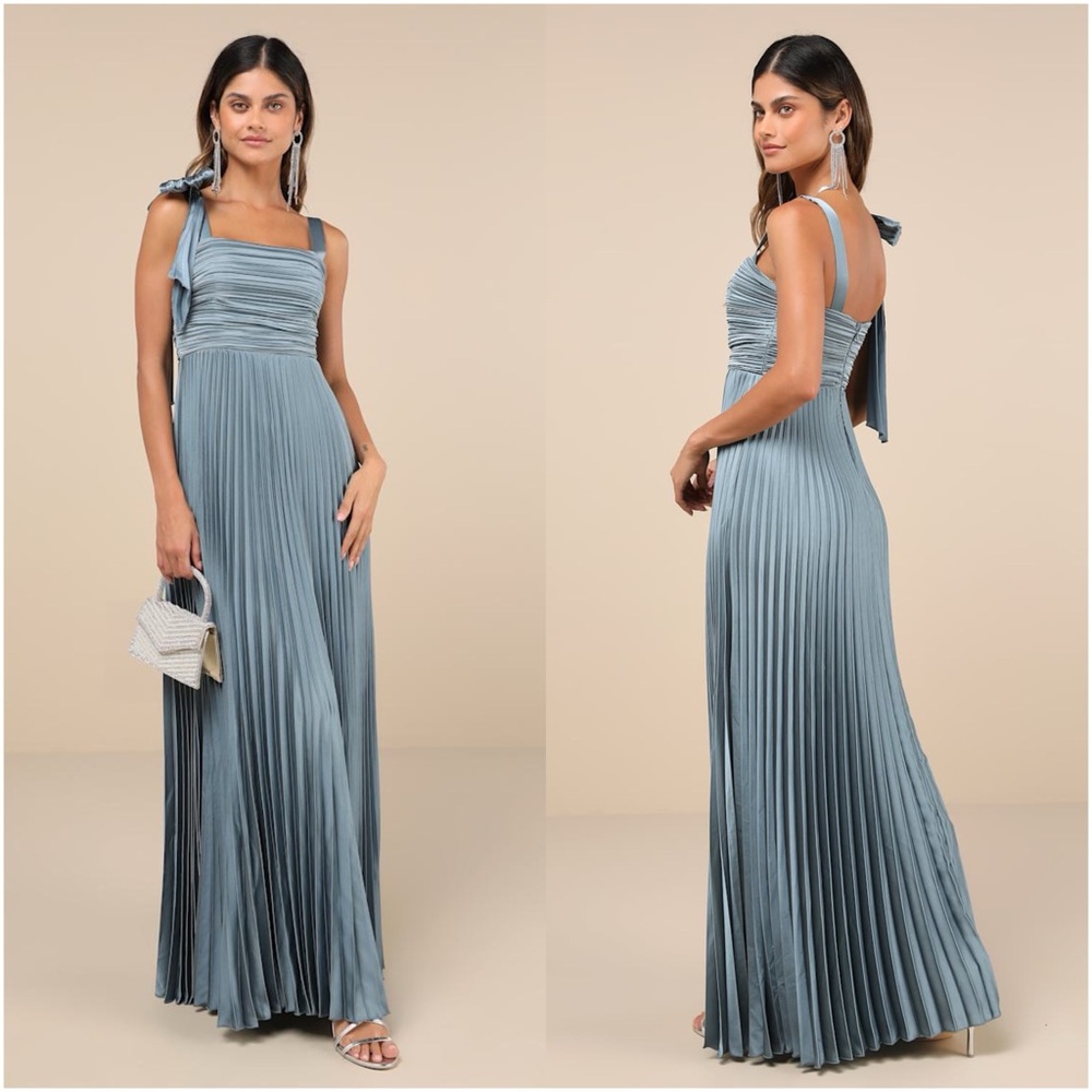 LULU’S Gorgeous Purpose Slate Satin Pleated Sleeveless Bow Maxi Dress